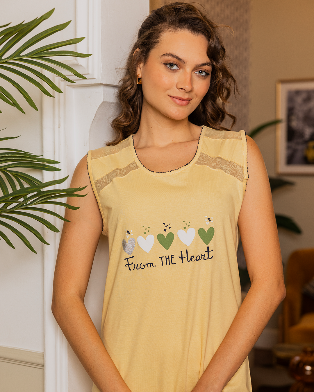 قميص حريمي قصير كتف دانتيل عريض طباعة قلوب