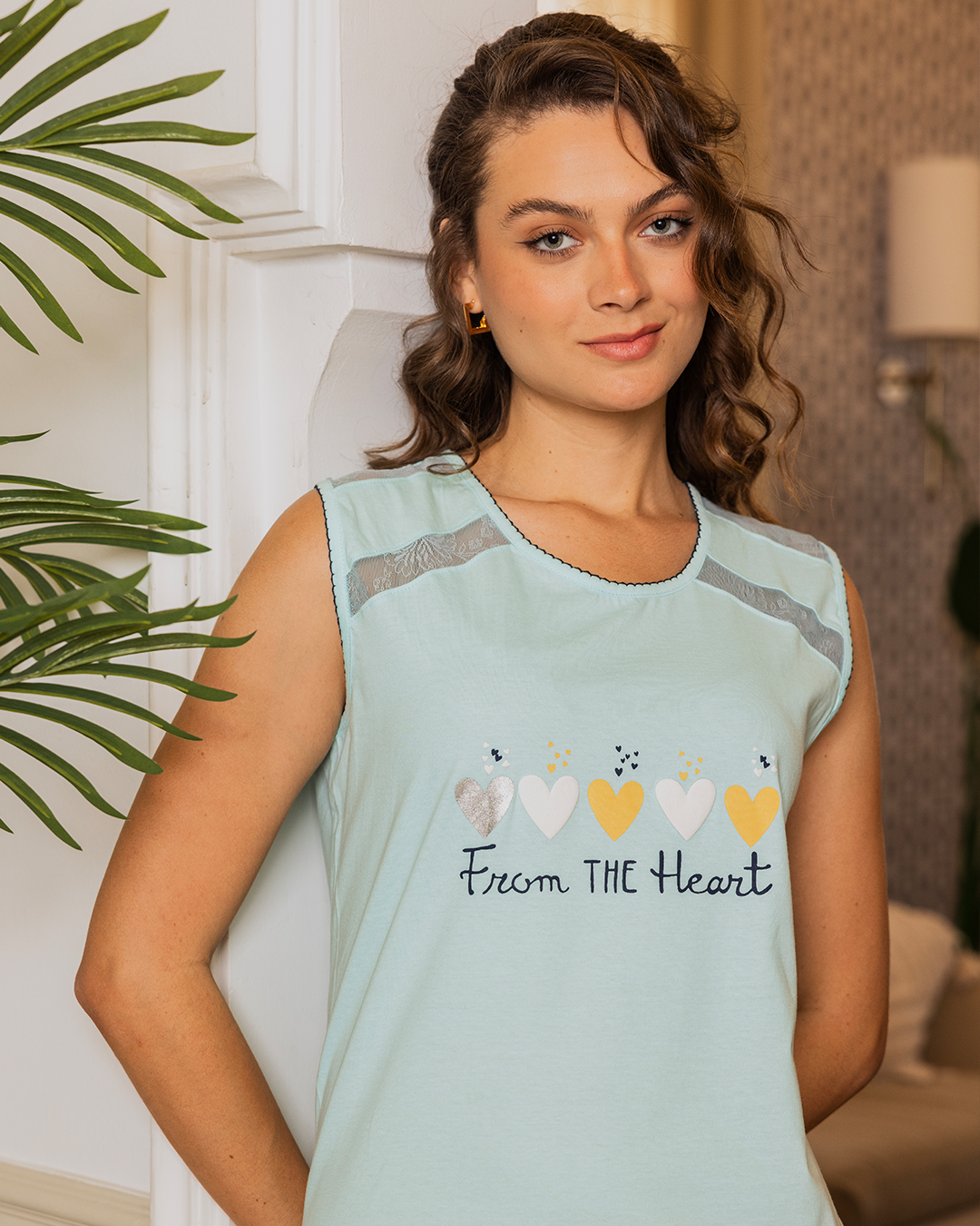 قميص حريمي قصير كتف دانتيل عريض طباعة قلوب