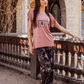 Women's pajamas, raglan top, black floral trousers frame print, brick
