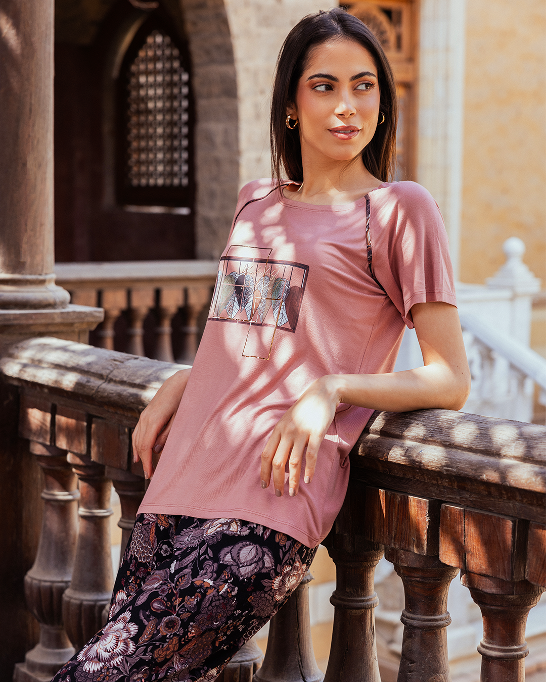 Women's pajamas, raglan top, black floral trousers frame print, brick