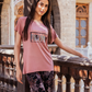 Women's pajamas, raglan top, black floral trousers frame print, brick