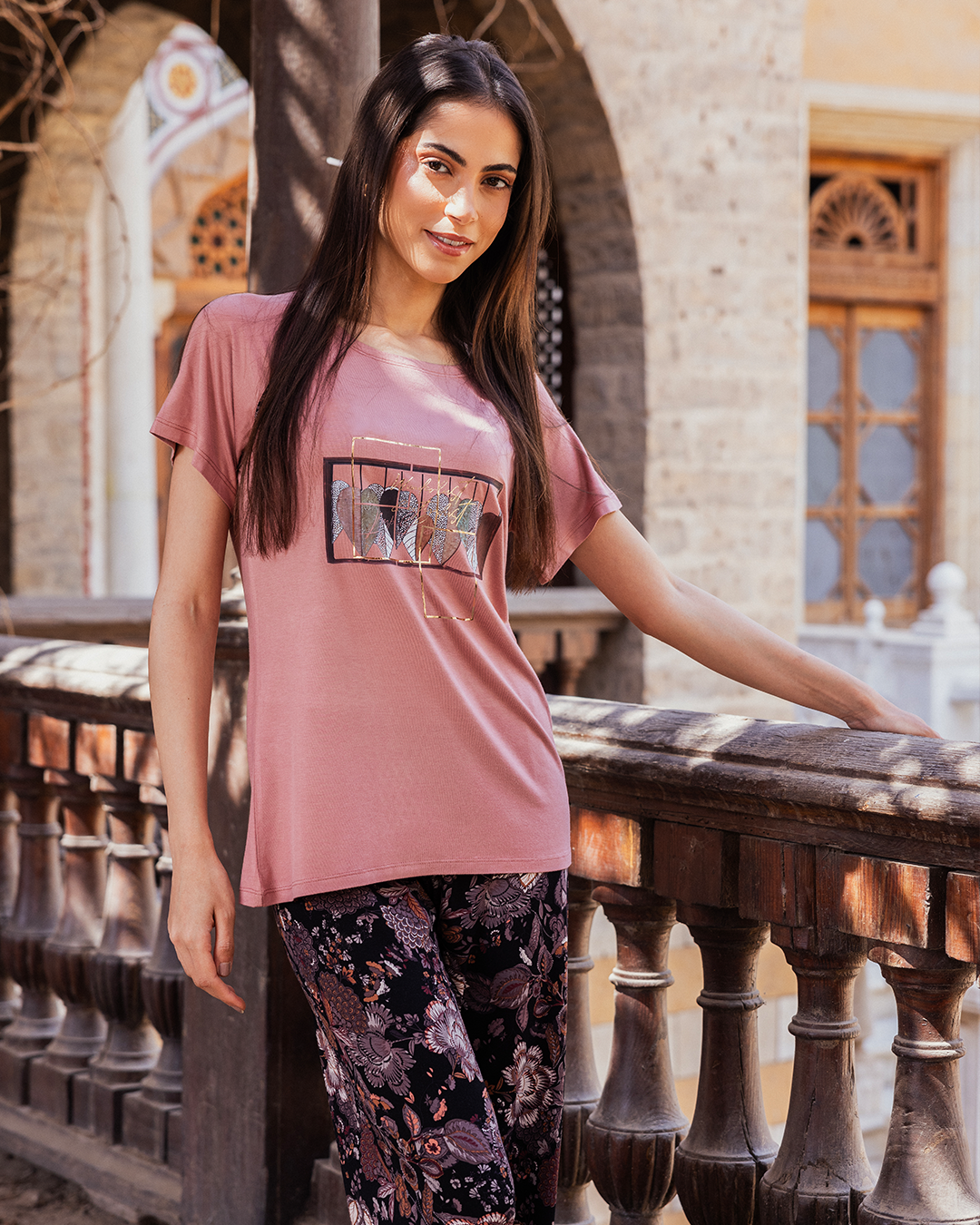 Women's pajamas, raglan top, black floral trousers frame print, brick