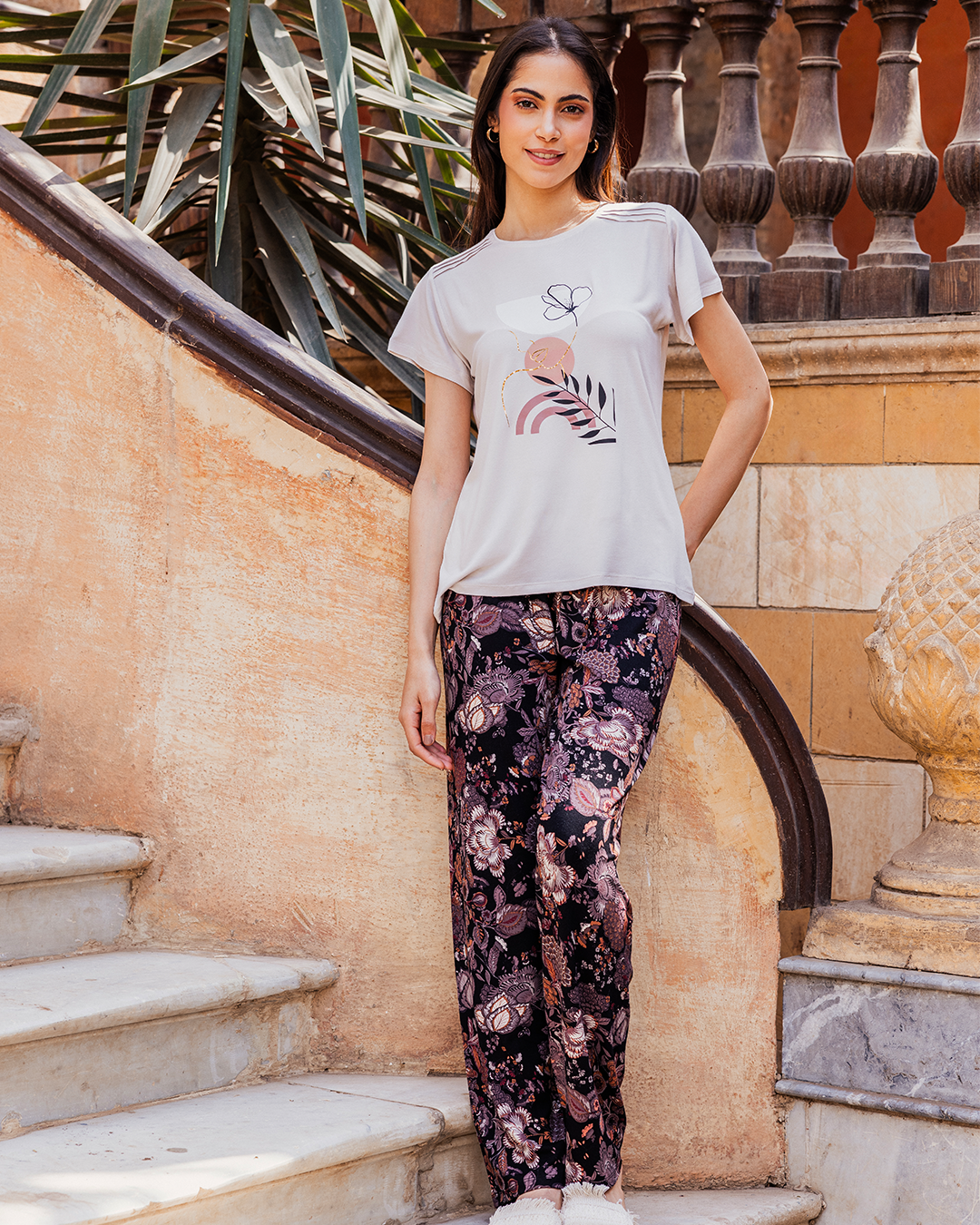 Silky pajamas, top, skirts, shoulder print, girl’s print, brick trousers