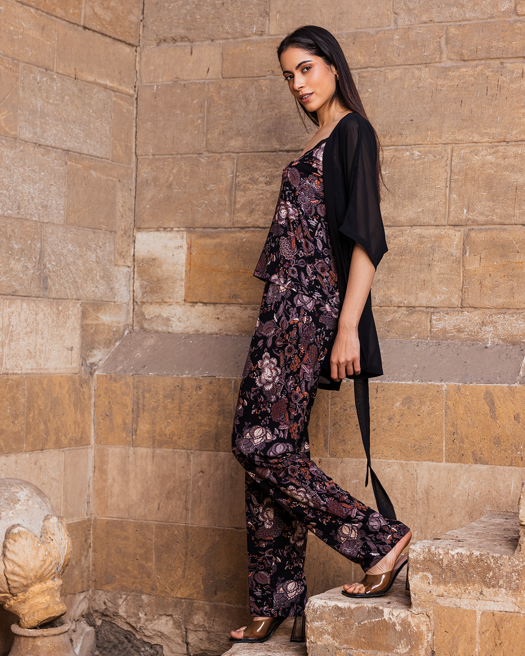 Women's pajamas, 3 pieces, chiffon top and pants, brick flower
