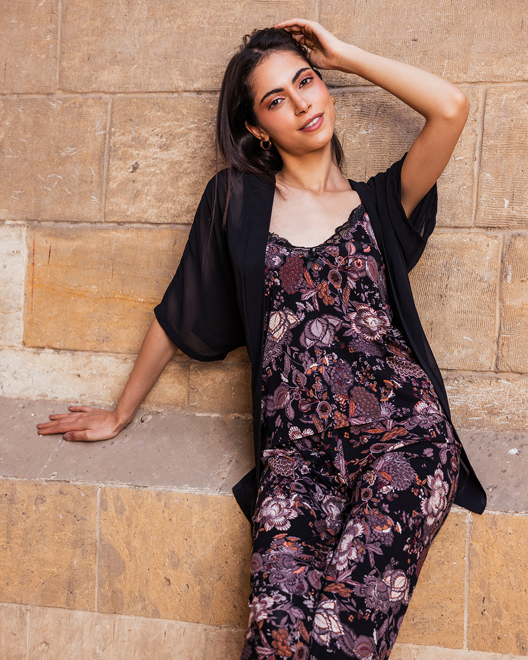 Women's pajamas, 3 pieces, chiffon top and pants, brick flower