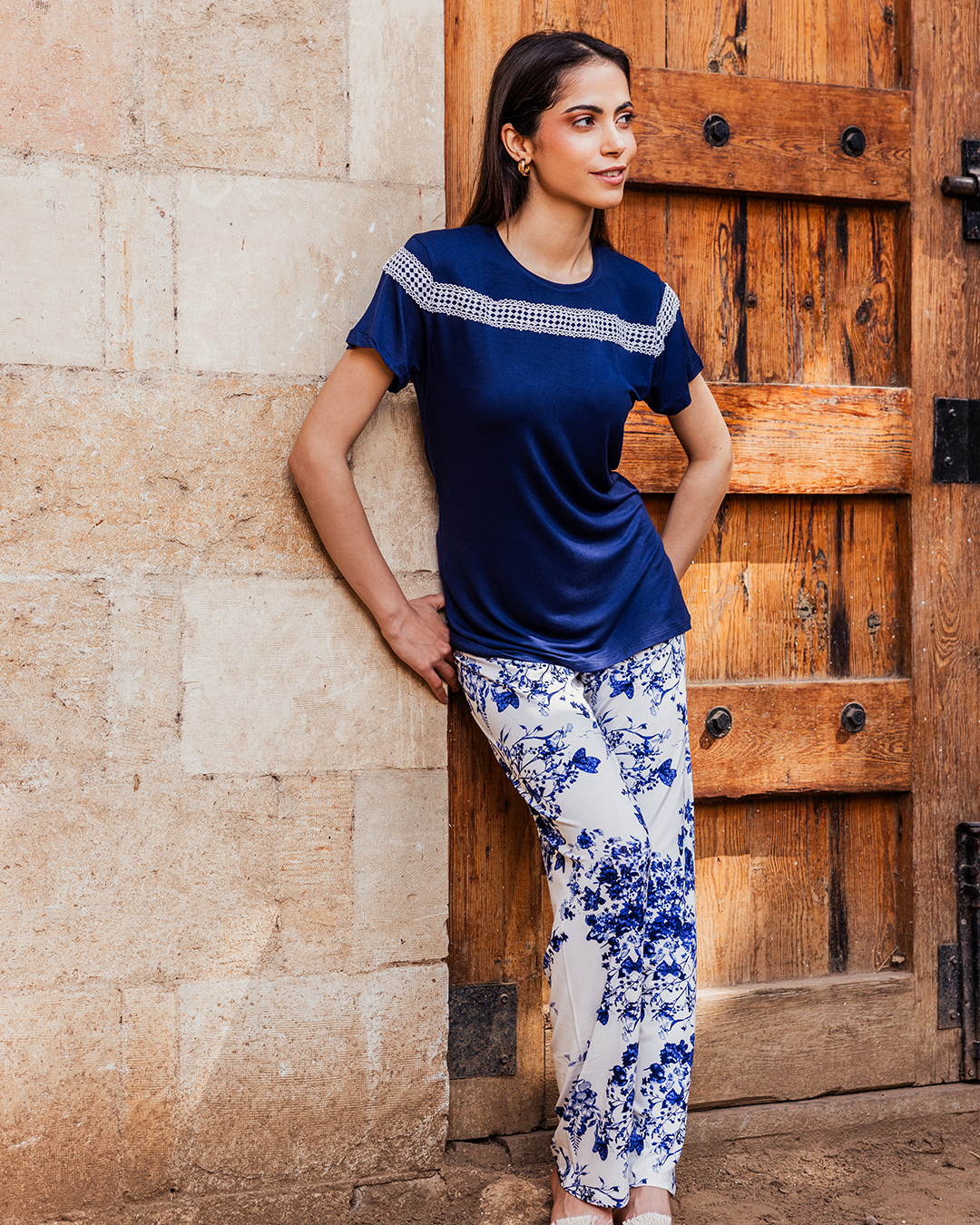 Women's pajamas, half-sleeve top, lace cut on the chest and sleeve, pink floral trousers