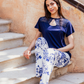 Women's pajama top with lace cut and chest opening, pink flower pants