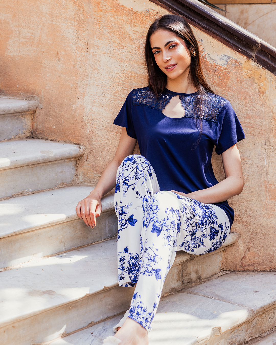 Women's pajama top with lace cut and chest opening, pink flower pants