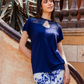 Women's pajama top with lace cut and chest opening, pink flower pants