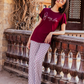 Women's pajamas, butterfly text print top, burgundy rose pants