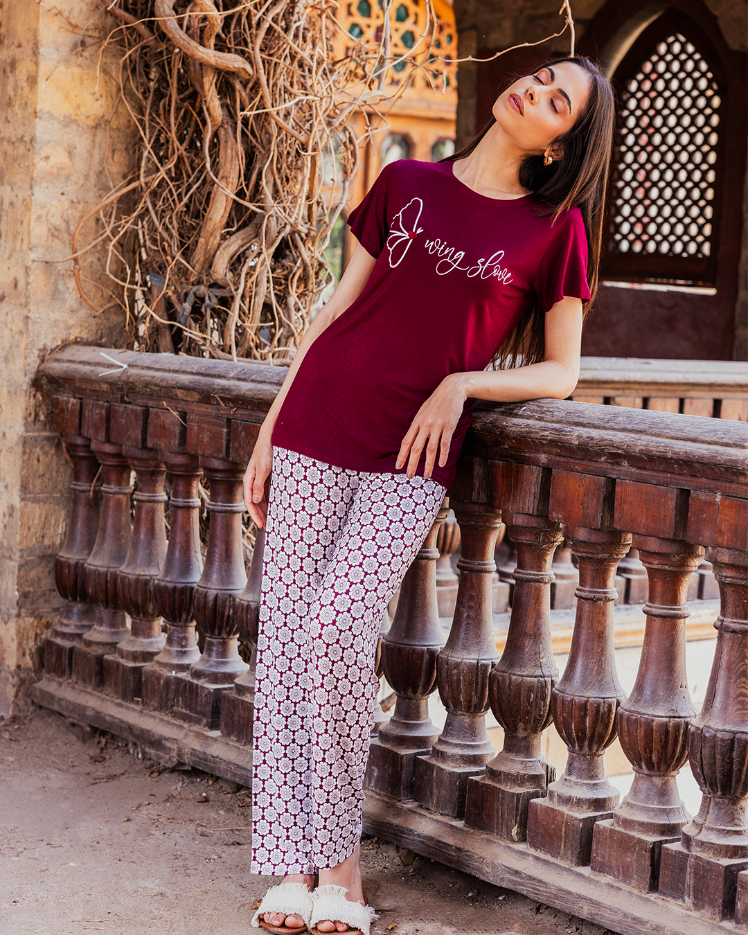Women's pajamas, butterfly text print top, burgundy rose pants