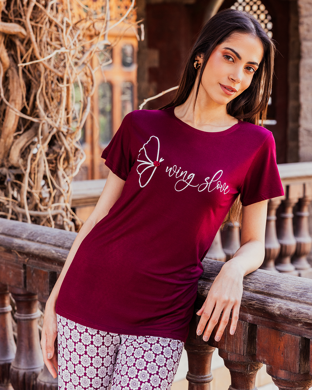 Women's pajamas, butterfly text print top, burgundy rose pants