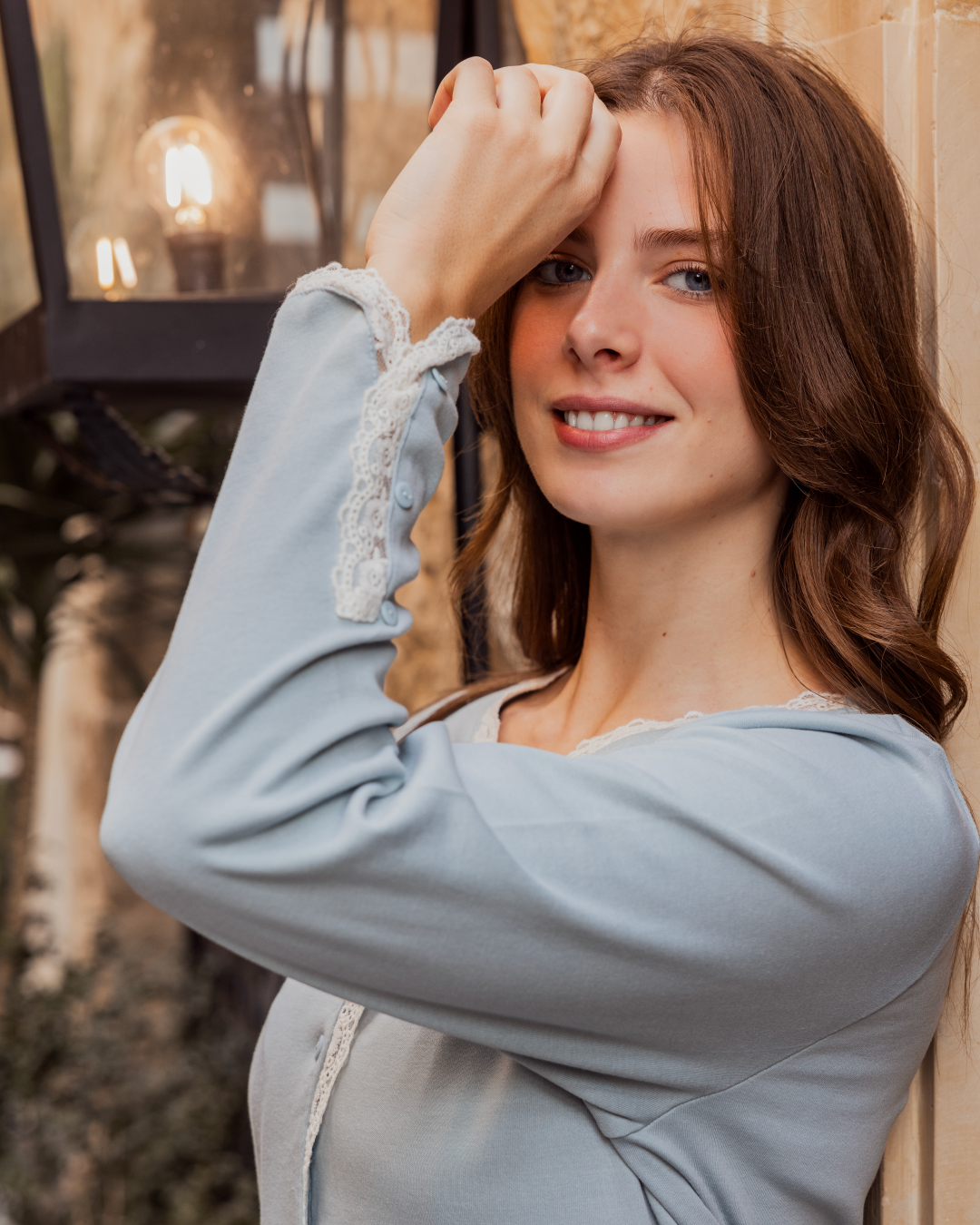 بيجامه حريمي فتح ازرار كم طويل بنطلون طويل دانتيلتطريز ورد