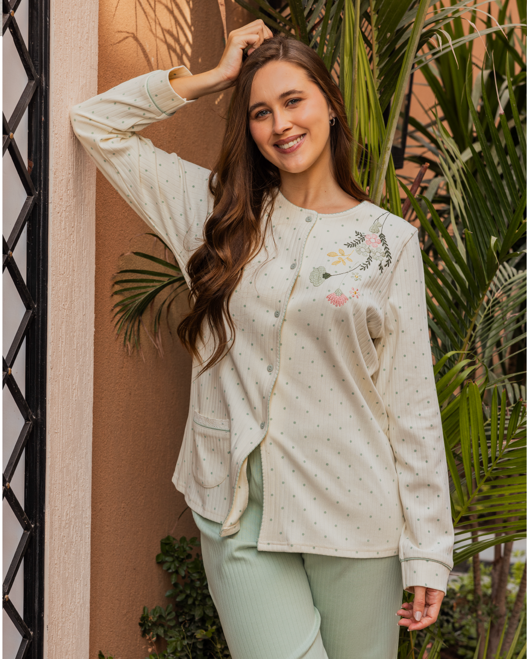 Women's Pajamas Open Button Long Sleeve Long Pants Ribbed Polka Dot Print
