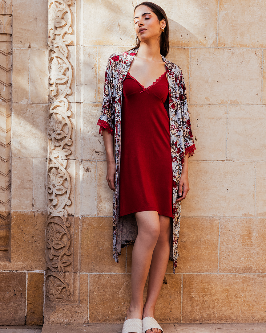 Women's robe with short shirt, burgundy mint rose