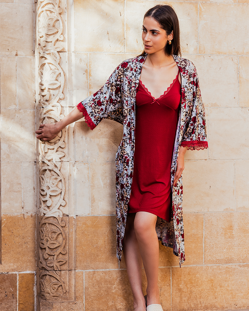 Women's robe with short shirt, burgundy mint rose