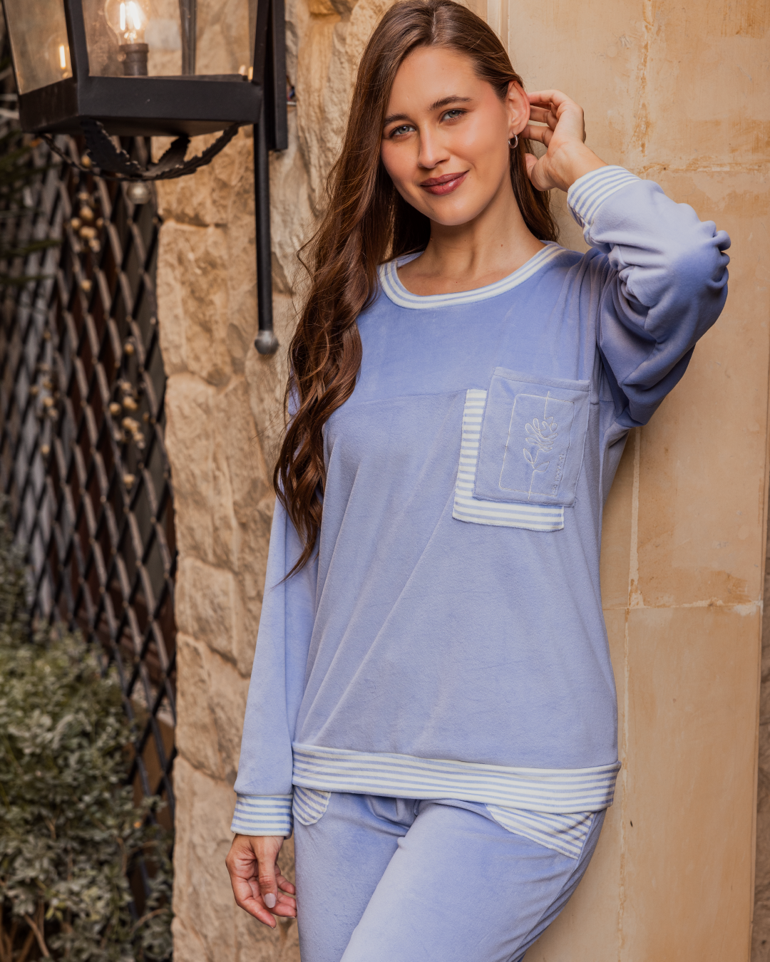 Women's pajamas, long sleeve, long pants, printed pocket
