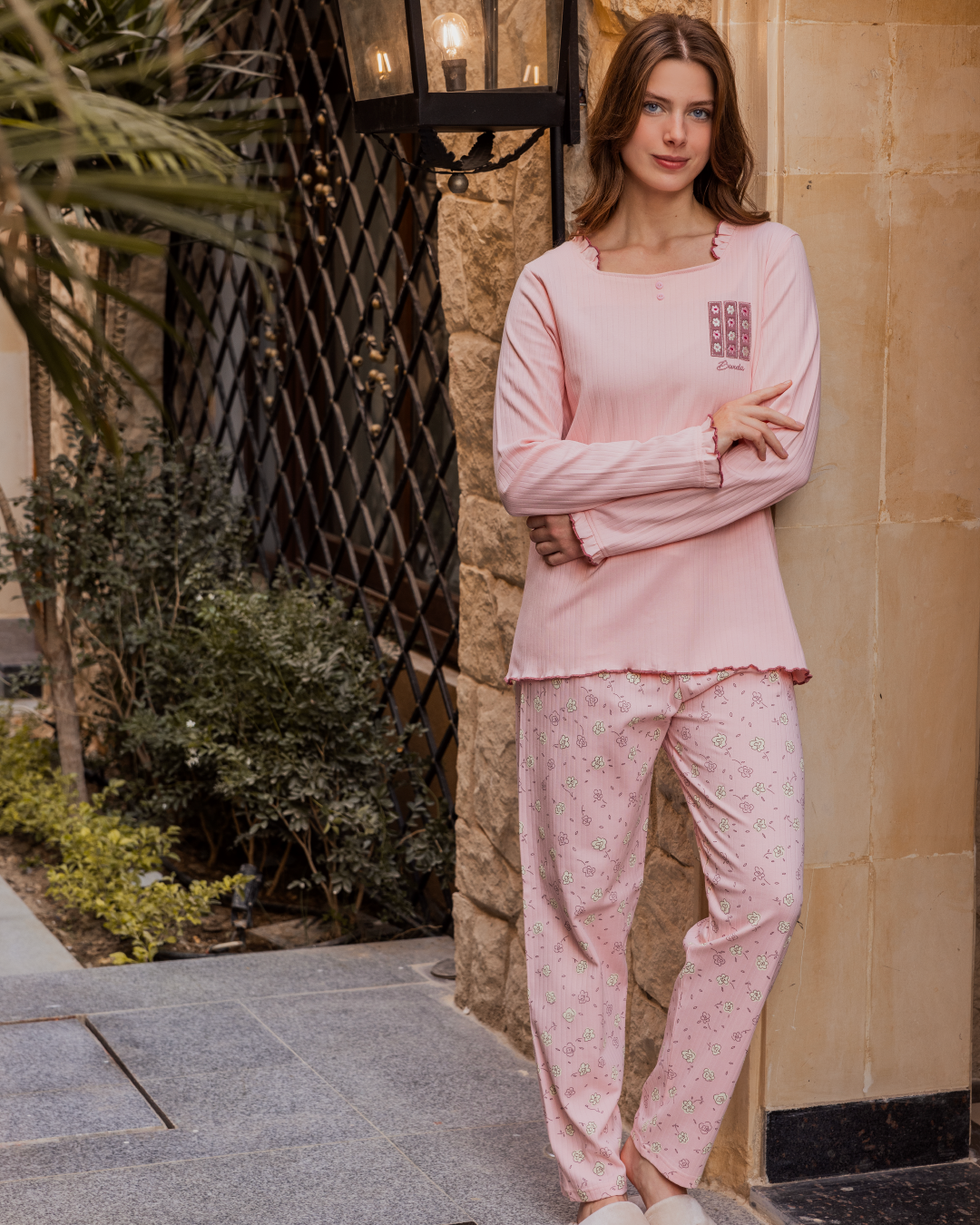 Women's long sleeve pajamas with long ribbed pants