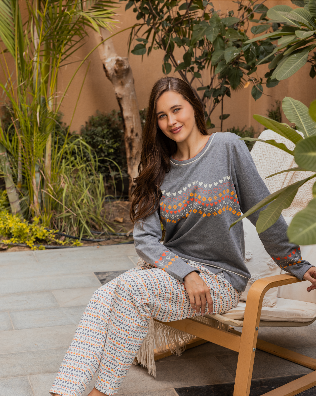 بيجامه حريمي كم طويل بنطلون طويل طباعة قلوب