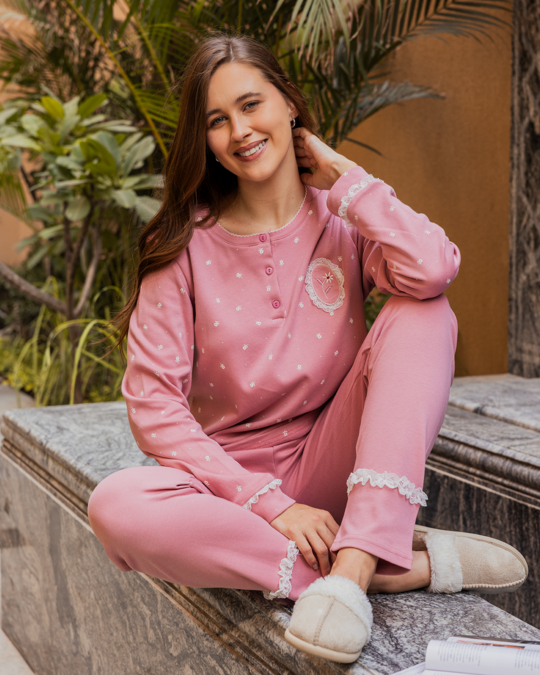 Women's pajamas, long sleeves, long pants, rose print