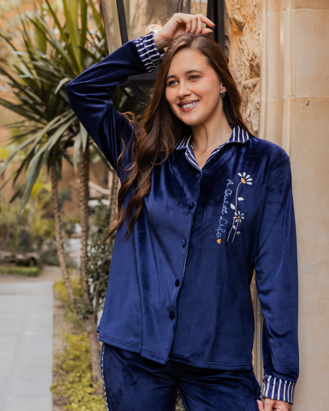 بيجامه حريمي كلاسيك كم طويل بنطلون طويل قطيفة فتح ازرار