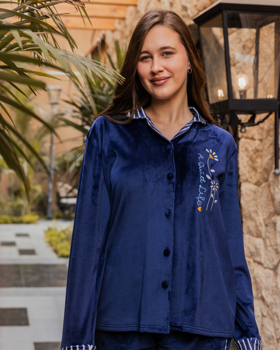 بيجامه حريمي كلاسيك كم طويل بنطلون طويل قطيفة فتح ازرار