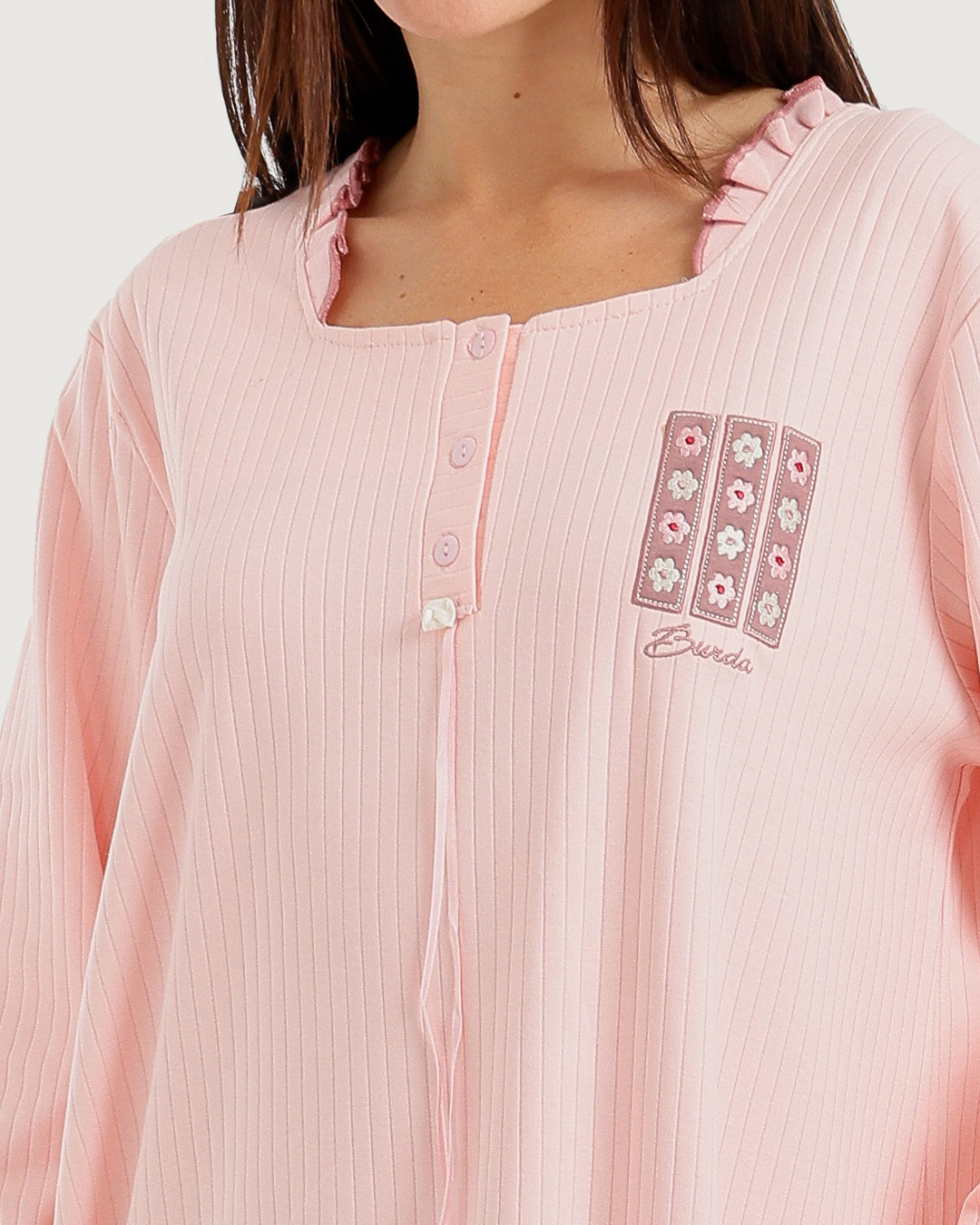 Women's Long Ribbed Rose Embroidery Shirt