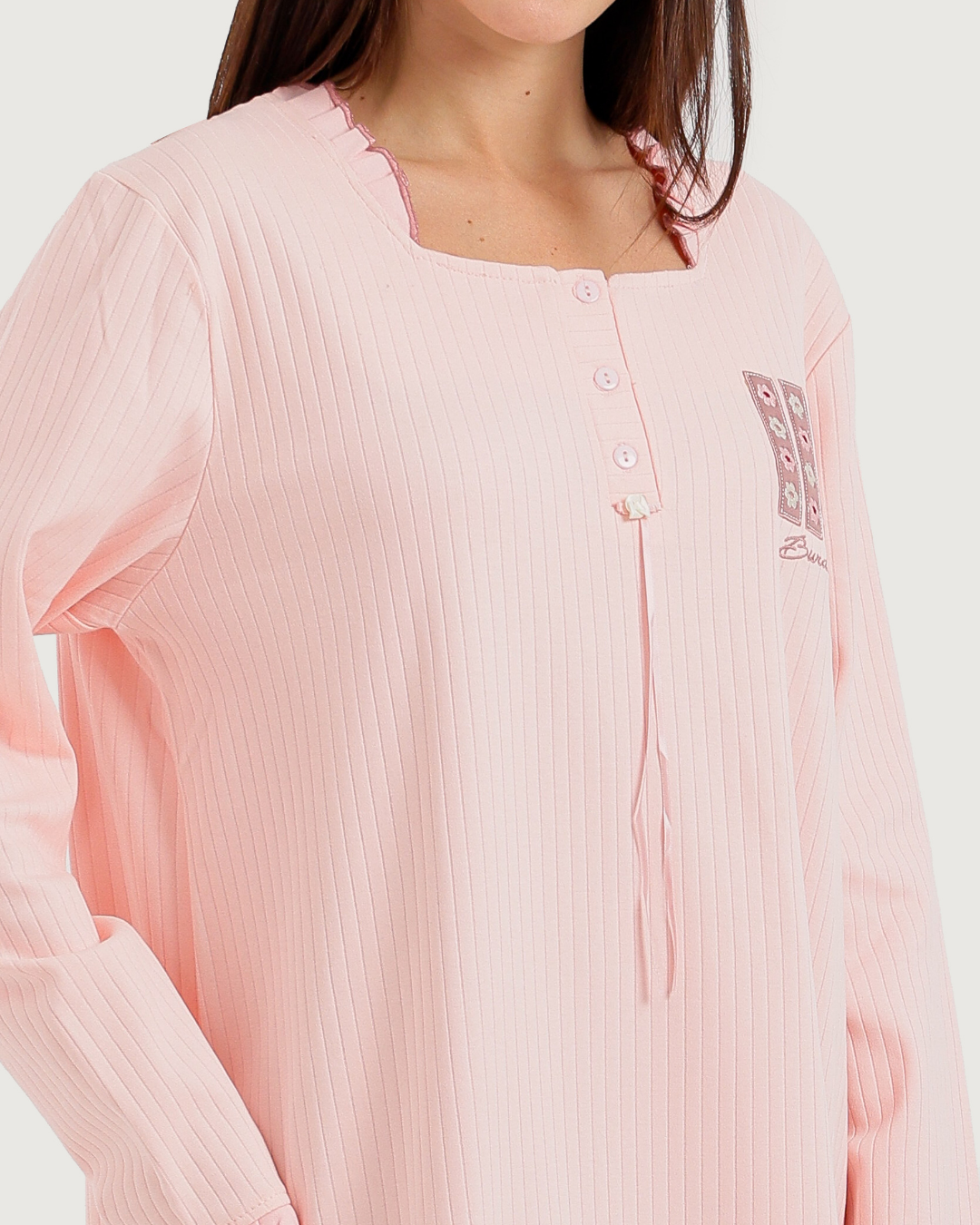 Women's Long Ribbed Rose Embroidery Shirt