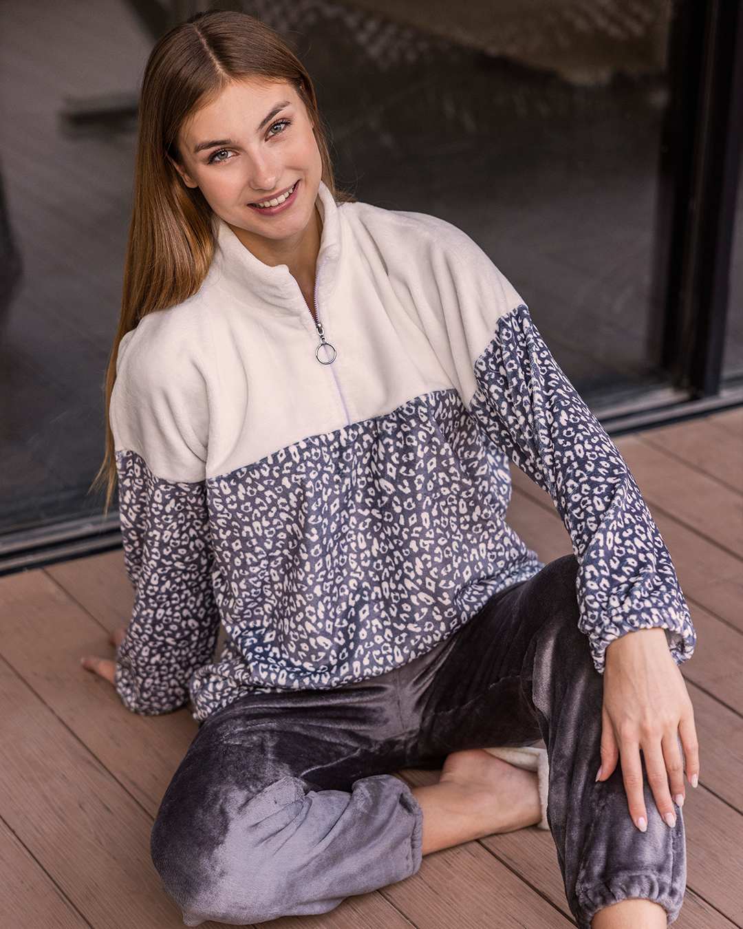 Leopard print بيجاما حريمي بولار هاف نيك بسوستة