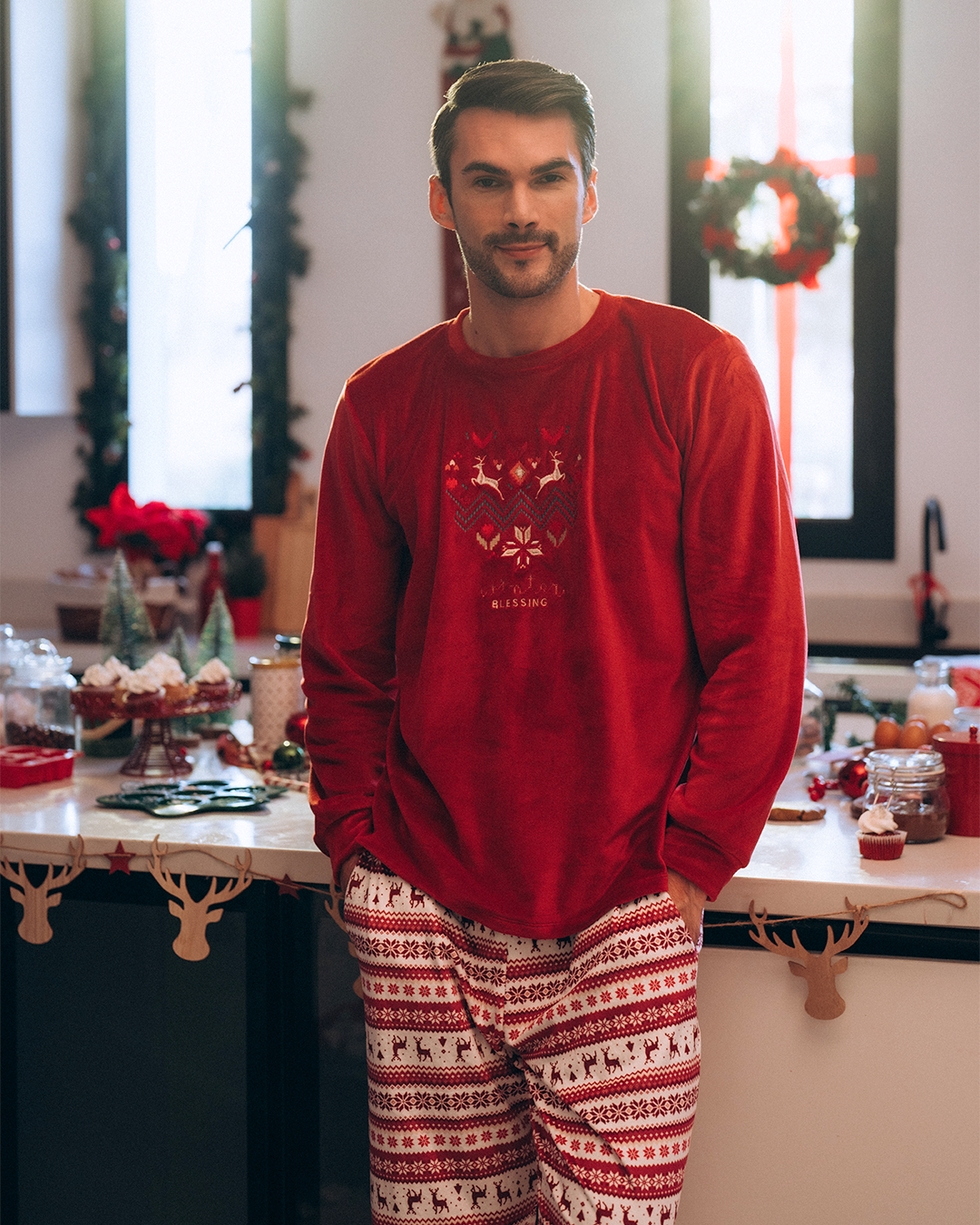 Winter Blessing بيجاما رجالي كريستماس قطيفة بوليستر