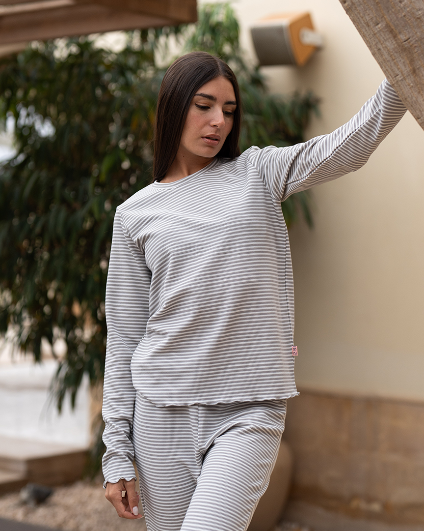 Striped waffel Women's pajama stripe waffle long sleeve