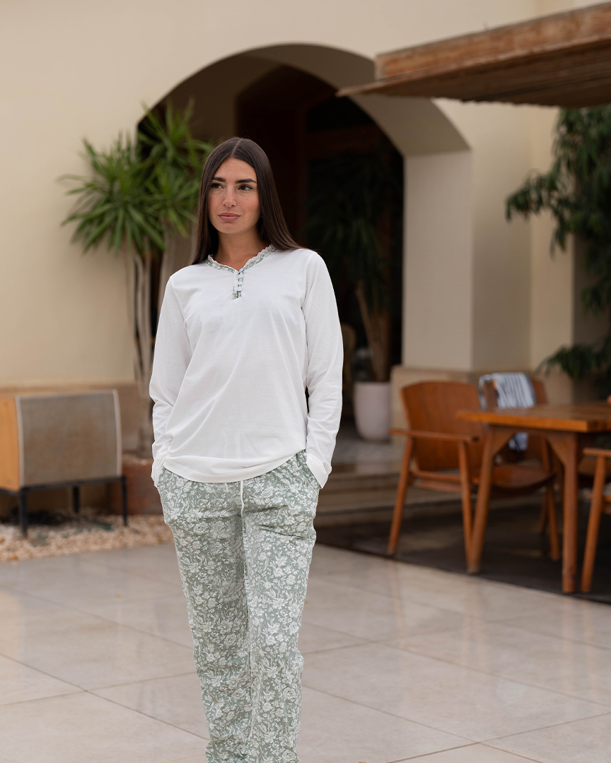 Flowery Pattern Pajamas for Women Cotton Long Sleeve *Printed Pants