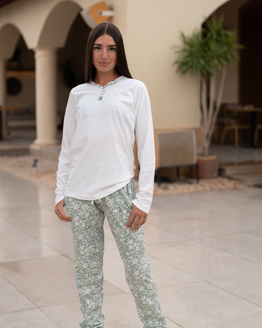 Flowery Pattern Pajamas for Women Cotton Long Sleeve *Printed Pants