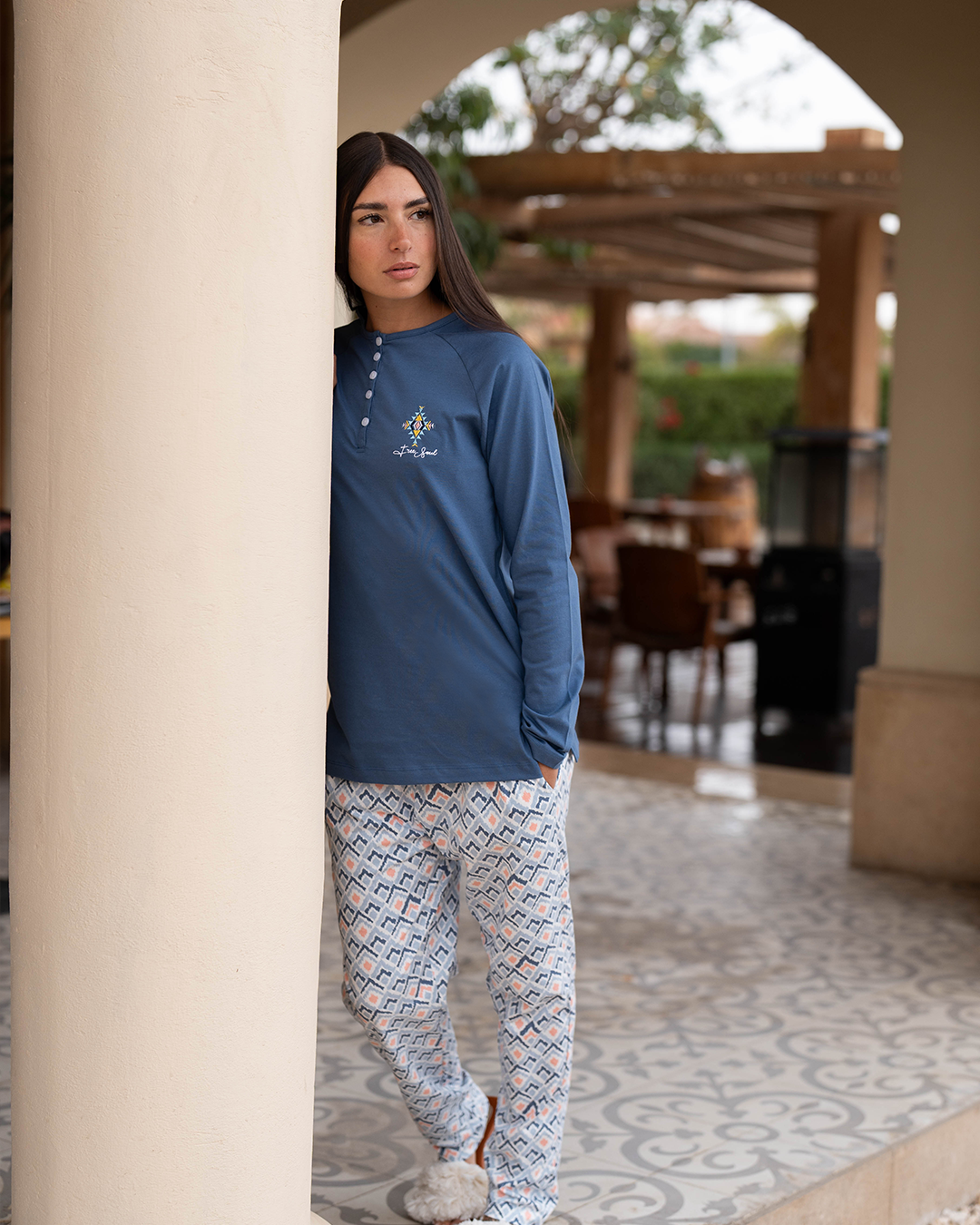 Free Spirit بيجاما حريمي كم طويل قطن *بنطلون مطبوع