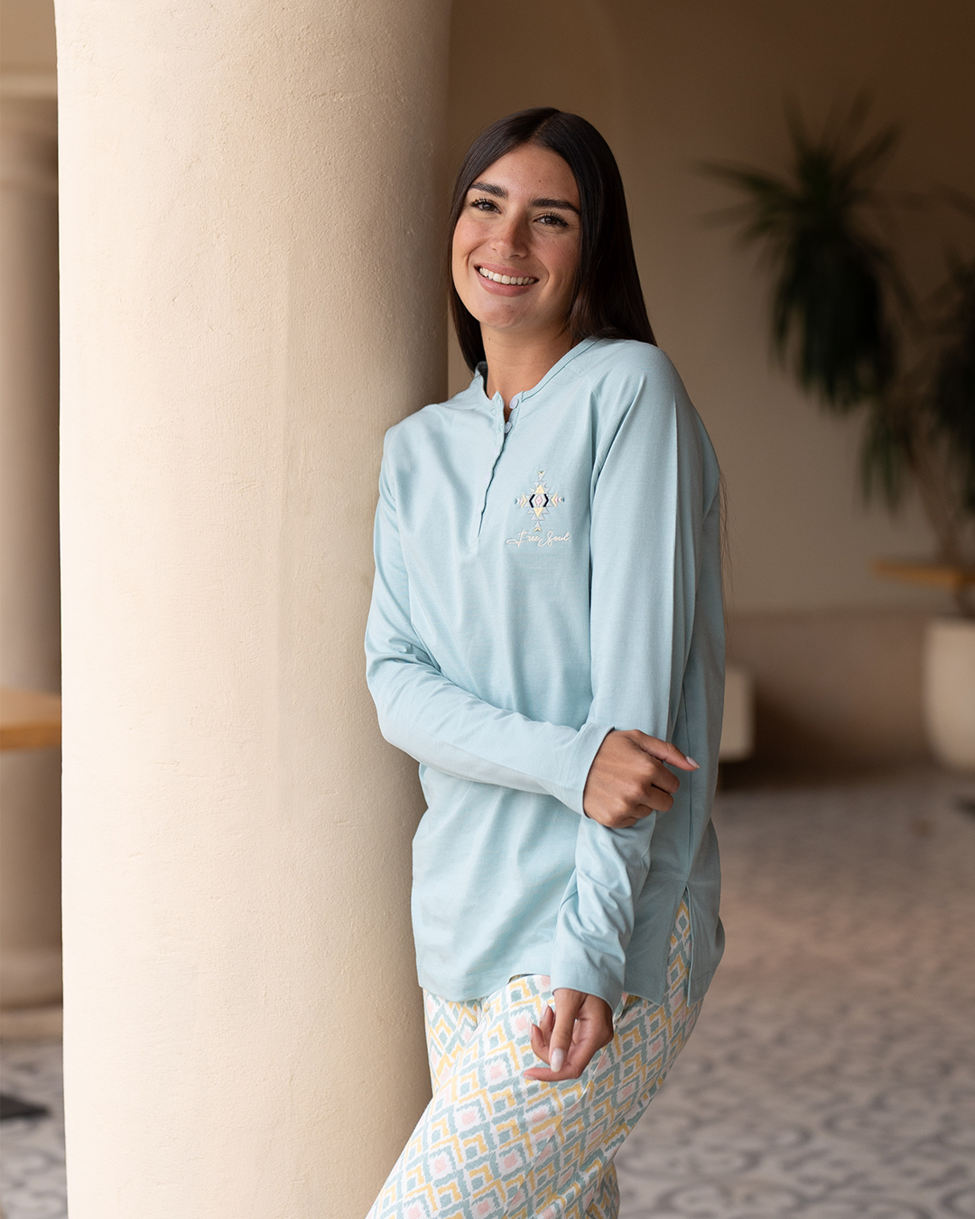 Free Spirit بيجاما حريمي كم طويل قطن *بنطلون مطبوع