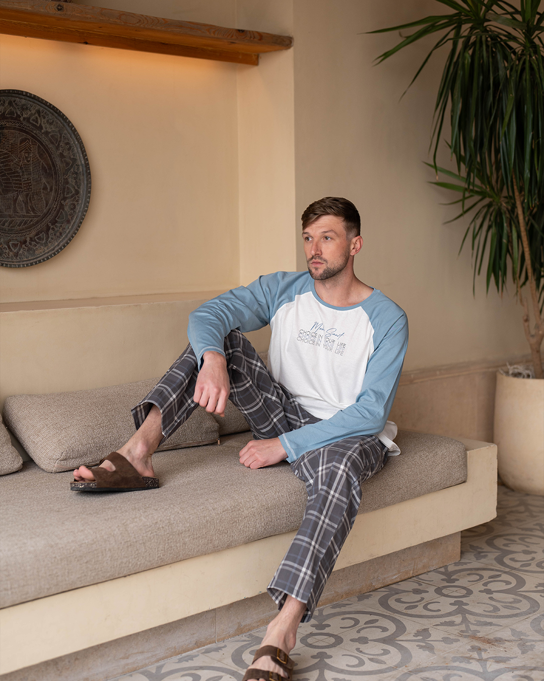 Make smart choices بيجاما رجالي توب سادة*بنطلون كاروه