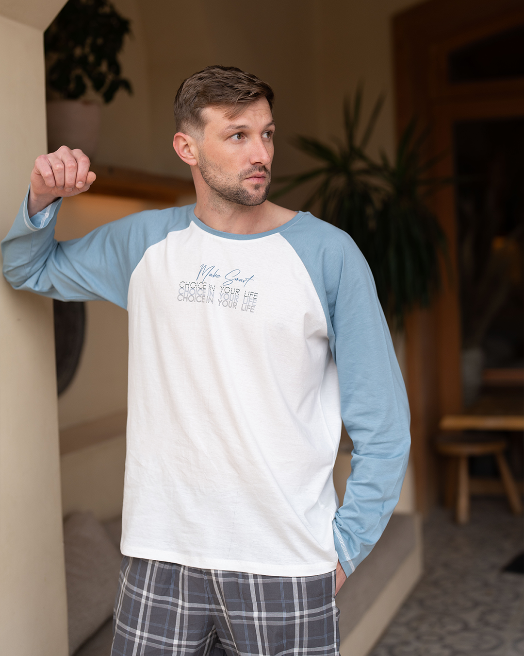 Make smart choices بيجاما رجالي توب سادة*بنطلون كاروه