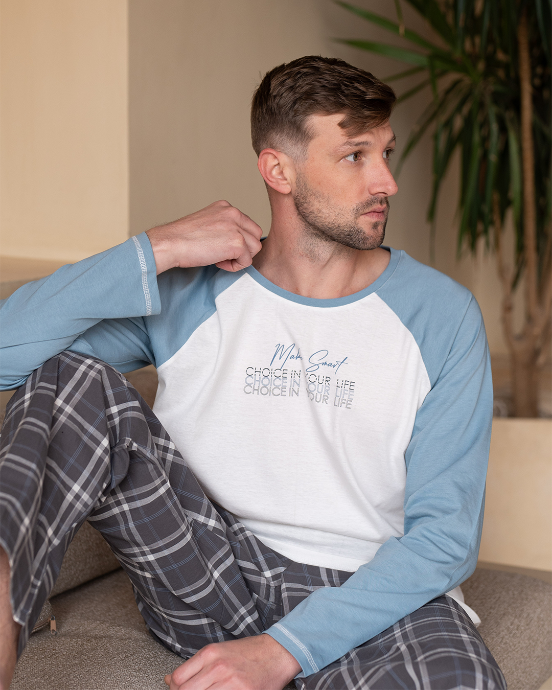 Make smart choices بيجاما رجالي توب سادة*بنطلون كاروه