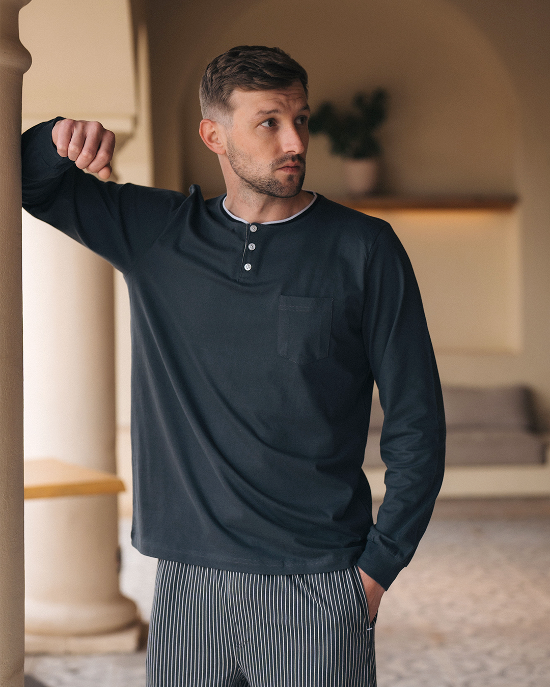 Cotton Stripe بيجاما رجالي قطن كم طويل * بنطلون سترايب