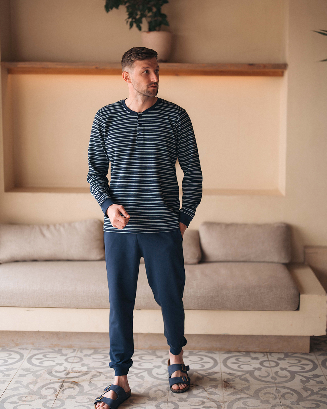 Waffel Stripe بيجاما رجالي كم طويل وافل سترايب * بنطلون سمر ميلتون
