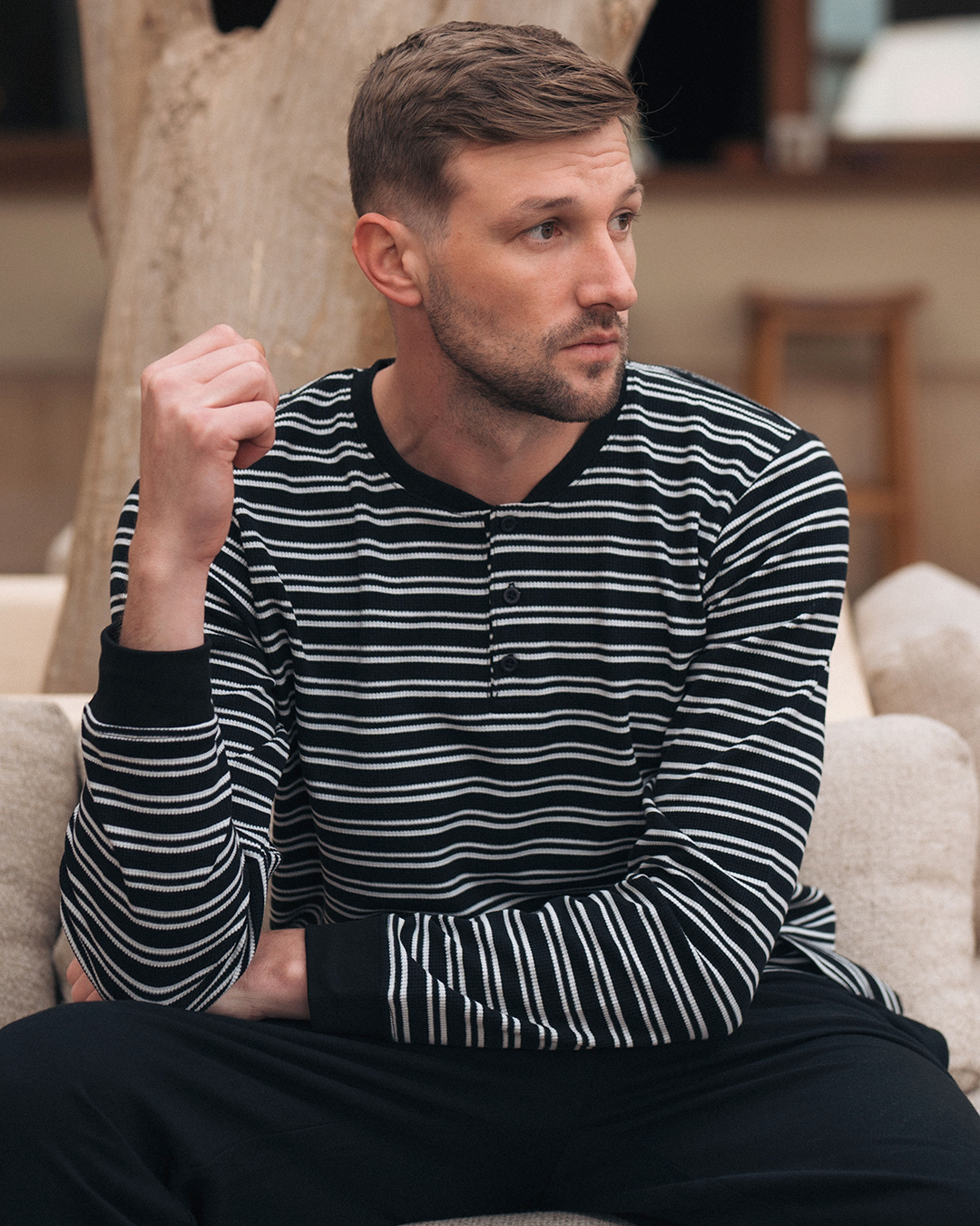 Waffel Stripe بيجاما رجالي كم طويل وافل سترايب * بنطلون سمر ميلتون