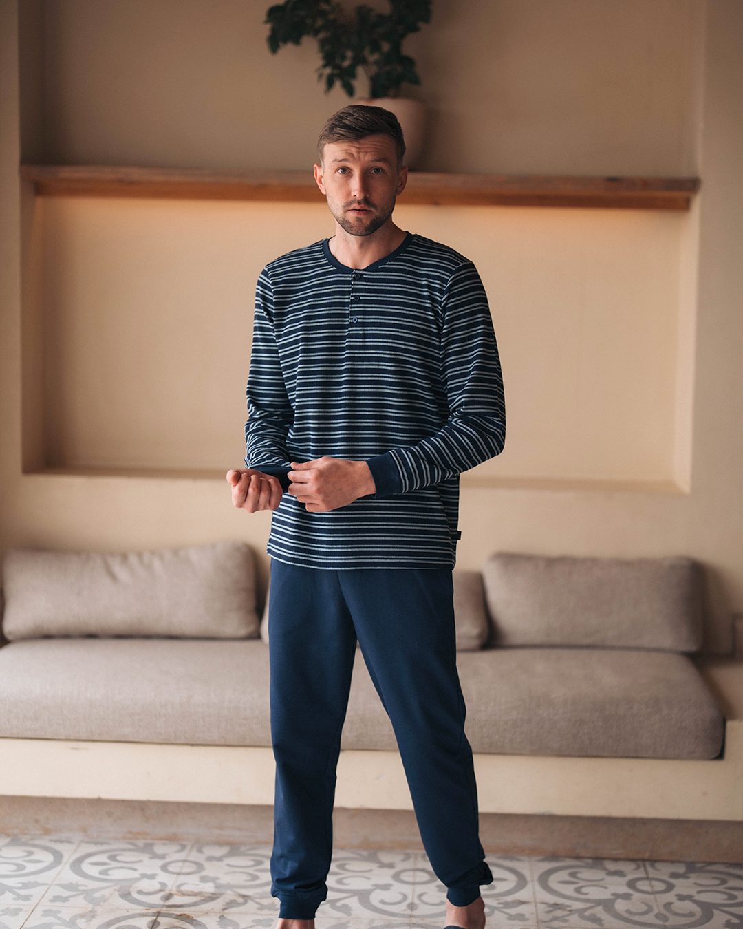 Waffel Stripe بيجاما رجالي كم طويل وافل سترايب * بنطلون سمر ميلتون