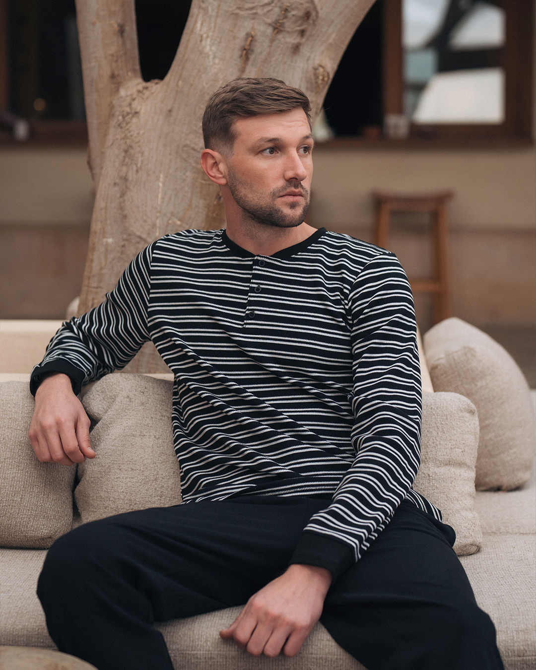 Waffel Stripe بيجاما رجالي كم طويل وافل سترايب * بنطلون سمر ميلتون