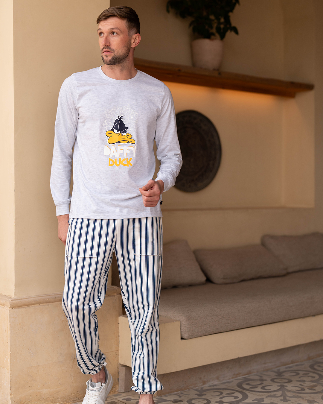 Daffy Duck Men's Long Sleeve Cotton Pajamas * Summer Melton Stripe Pants