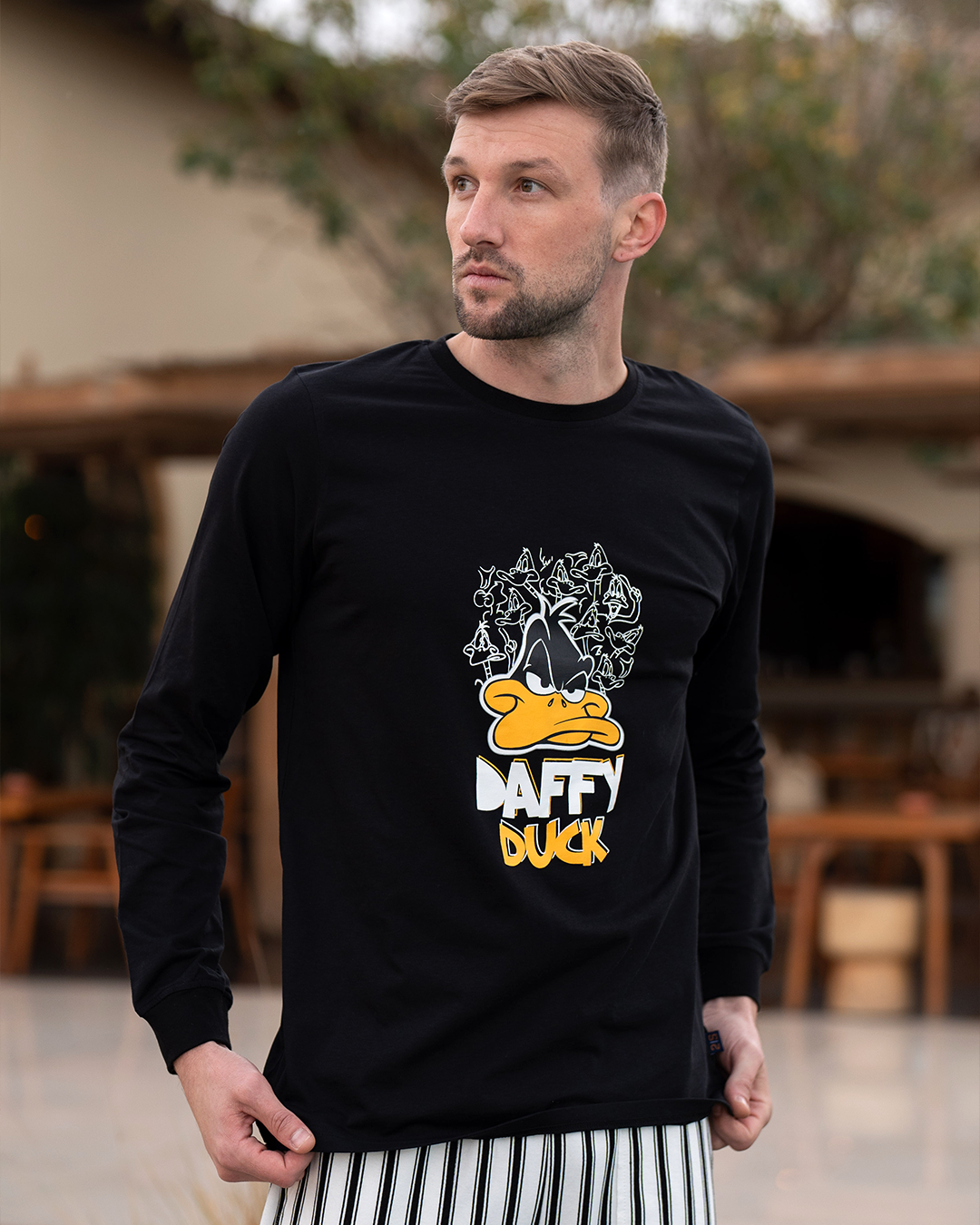 Daffy Duck Men's Long Sleeve Cotton Pajamas * Summer Melton Stripe Pants