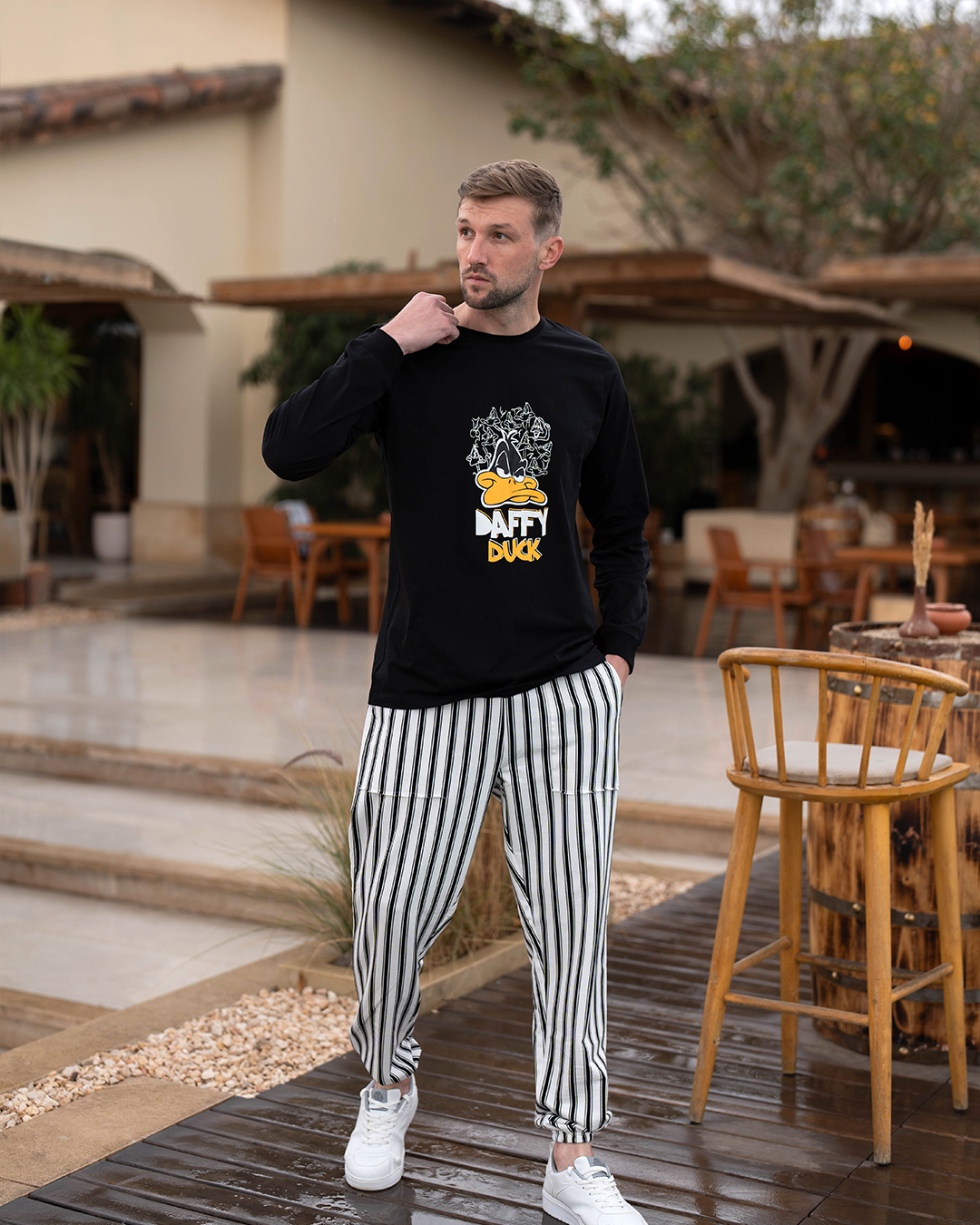 Daffy Duck Men's Long Sleeve Cotton Pajamas * Summer Melton Stripe Pants