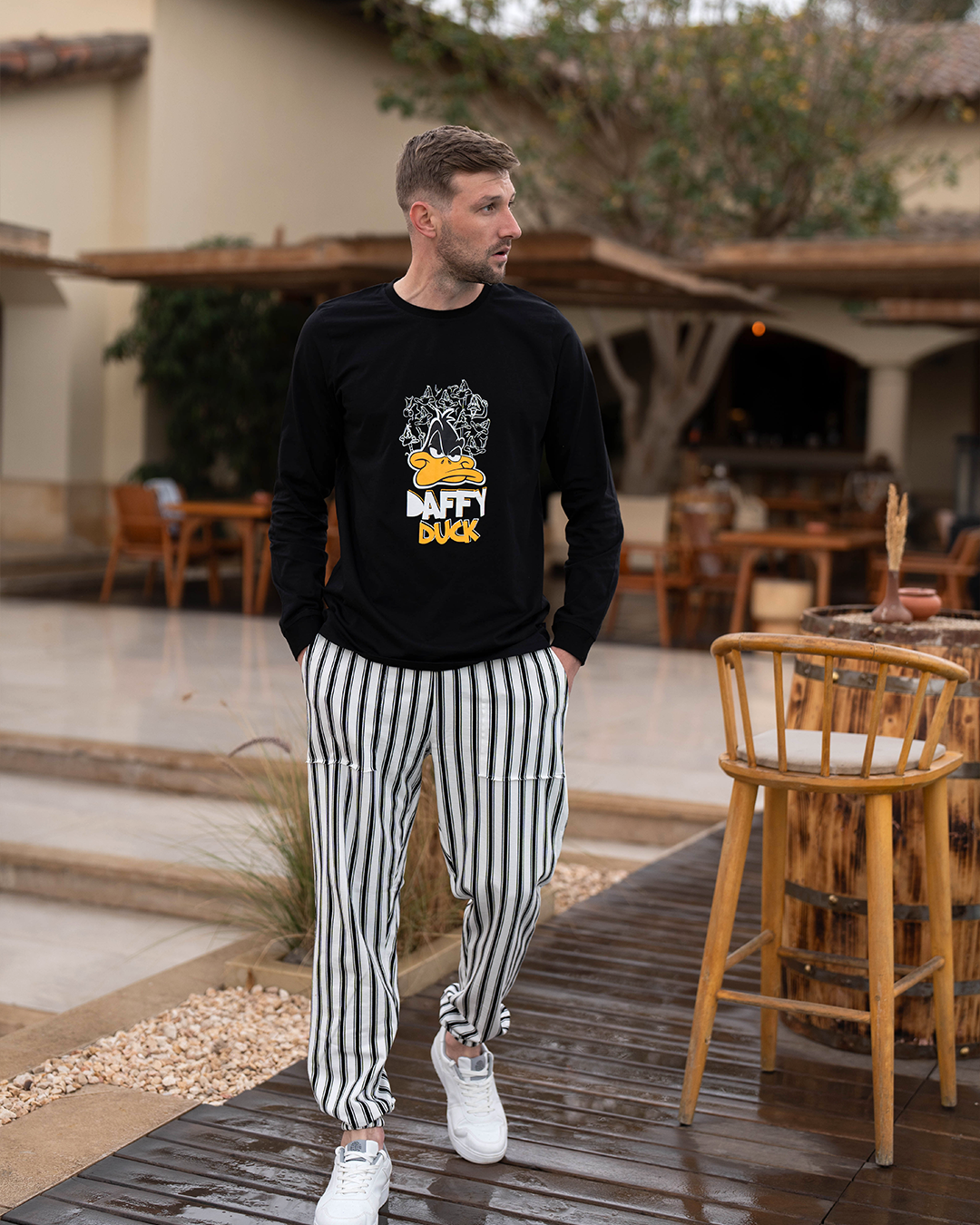 Daffy Duck Men's Long Sleeve Cotton Pajamas * Summer Melton Stripe Pants