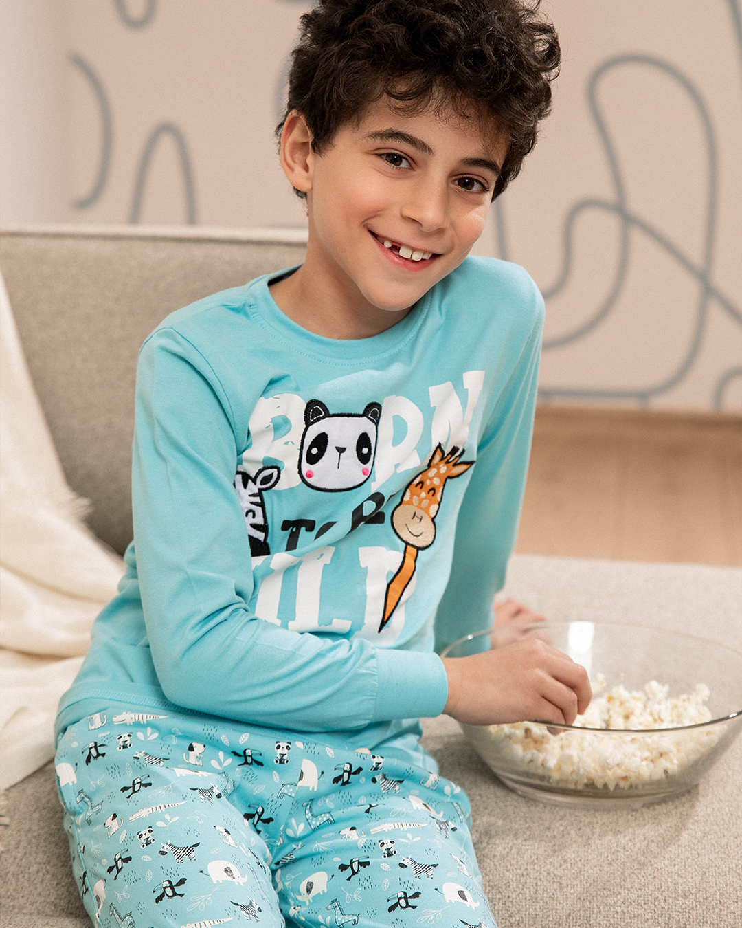 Born to be wild بيجاما اطفالي اولادي كم طويل قطن% *بنطلون قطن مطبوع