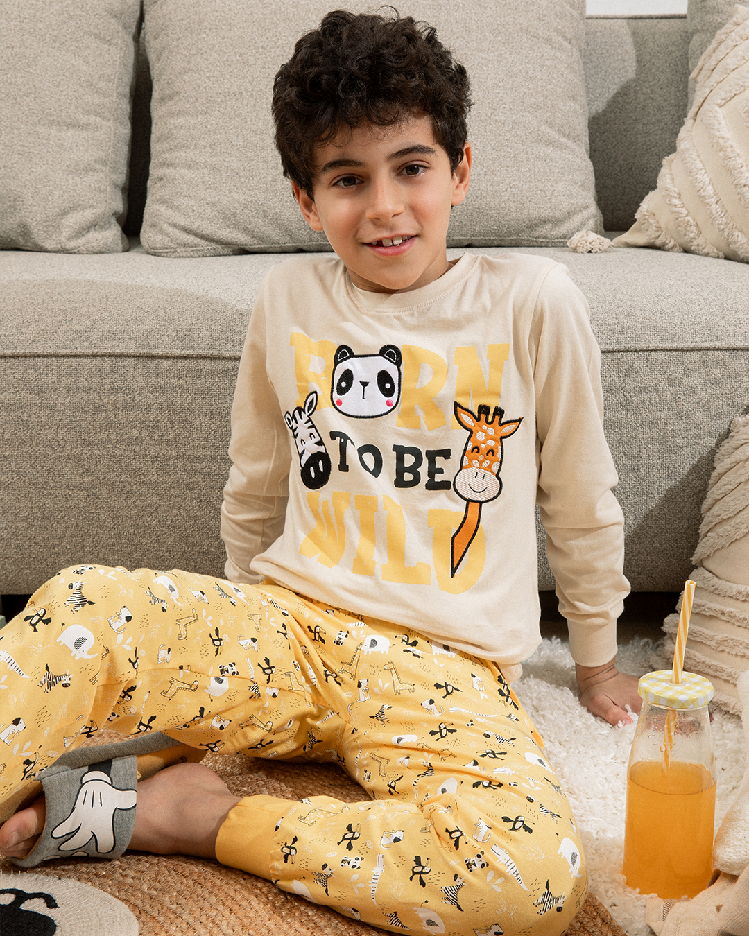 Born to be wild بيجاما اطفالي اولادي كم طويل قطن% *بنطلون قطن مطبوع