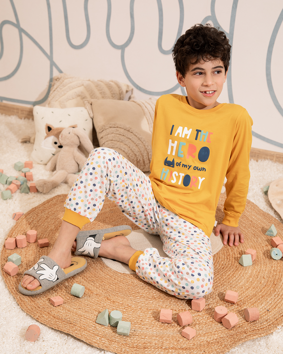i am the Hero بيجامة اطفالي اولادي كم طويل *بنطلون مطبوع قطن